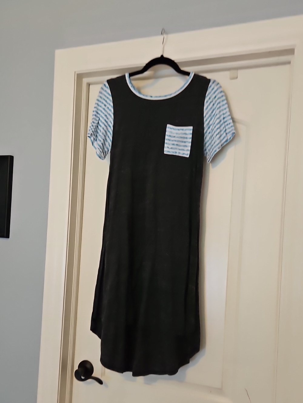 LuLaRoe Black Midi Dress with Light Blue Striped Sleeves